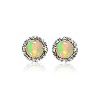 Opal with Diamond Halo Stud Earrings in 18K Yellow Gold