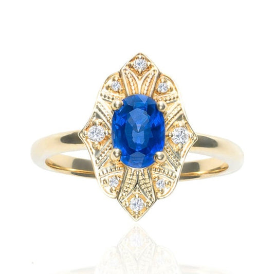 Sapphire & Diamond Ornate Mahal Ring in 14K Yellow Gold