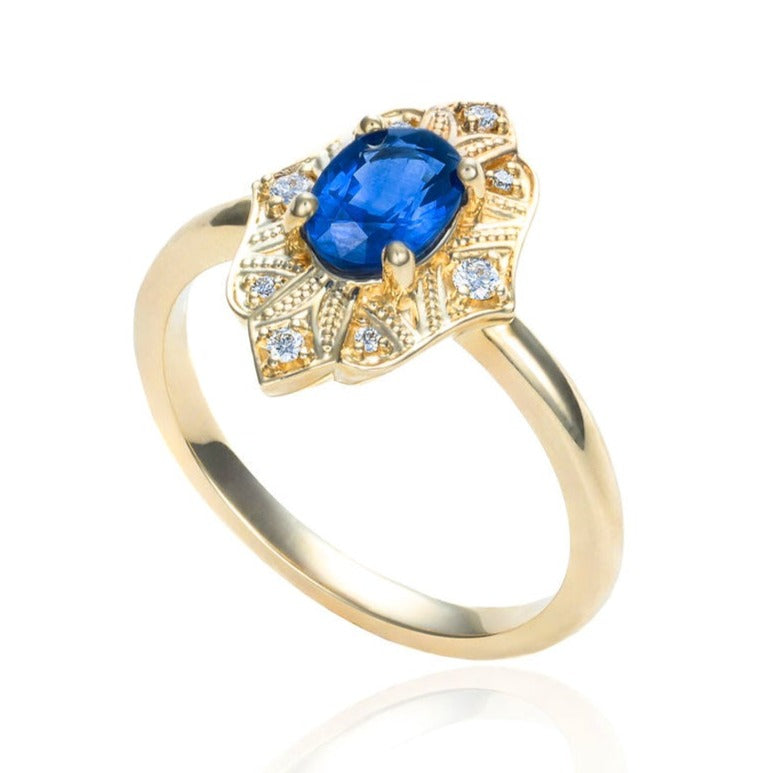 Sapphire & Diamond Ornate Mahal Ring in 14K Yellow Gold