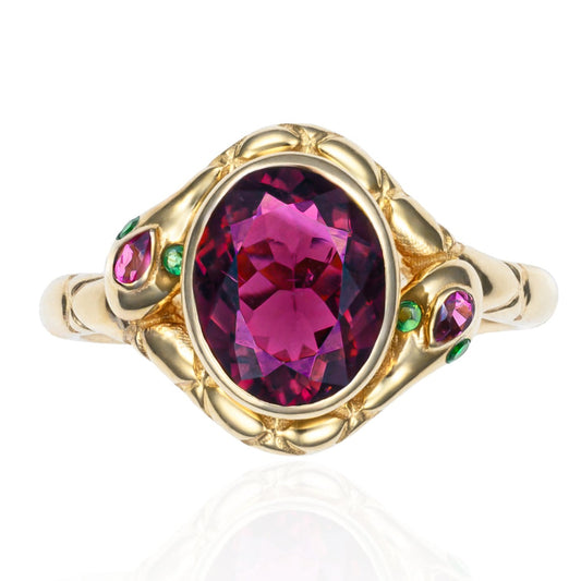 Double Ouroboros Pink Tourmaline & Tsavorite Garnet Serpent Ring in 14K Yellow Gold