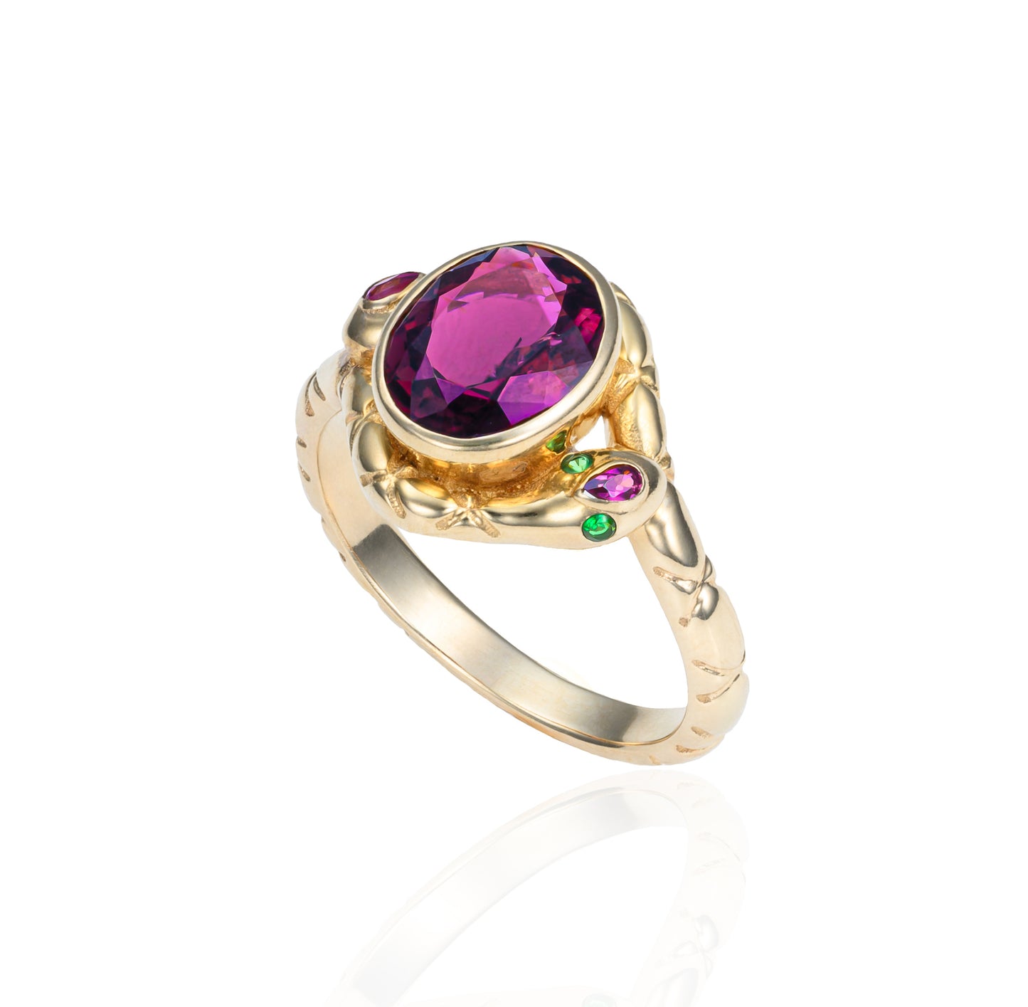 Double Ouroboros Pink Tourmaline & Tsavorite Garnet Serpent Ring in 14K Yellow Gold