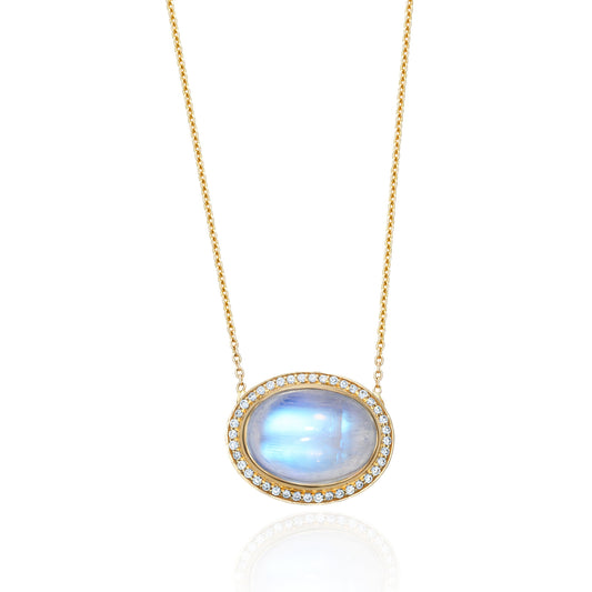 Moonstone & Diamond Bezel Set Necklace in 18K Yellow Gold