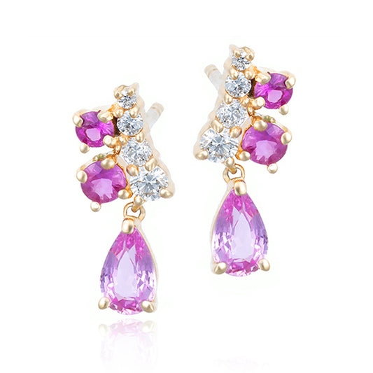 Pink Sapphire & Diamond Dangle Stud Earrings in 14K Yellow Gold