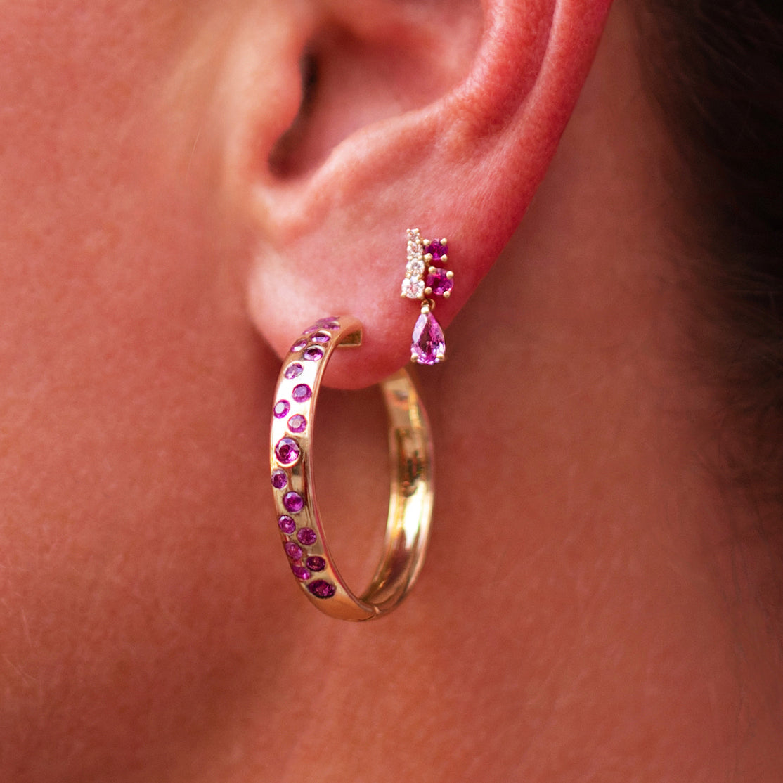 Pink Sapphire & Diamond Dangle Stud Earrings in 14K Yellow Gold