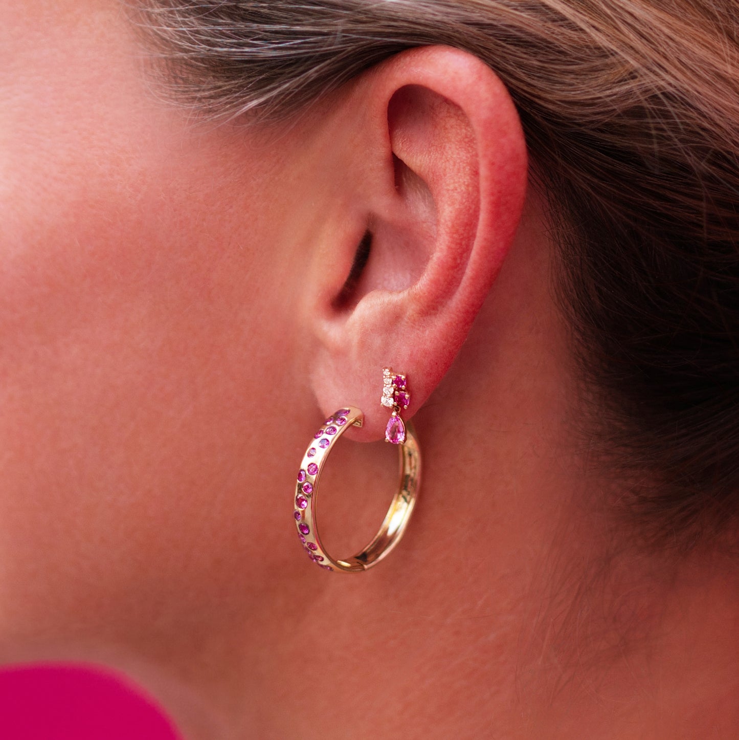 Scattered Pink Sapphire Flush Set Hoops in 14K Yellow Gold