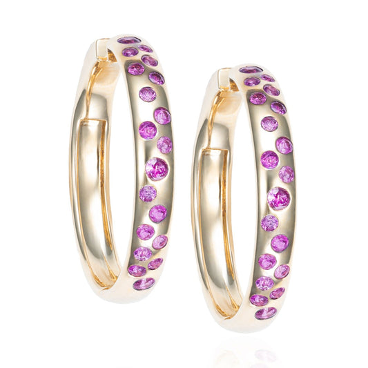 Scattered Pink Sapphire Flush Set Hoops in 14K Yellow Gold