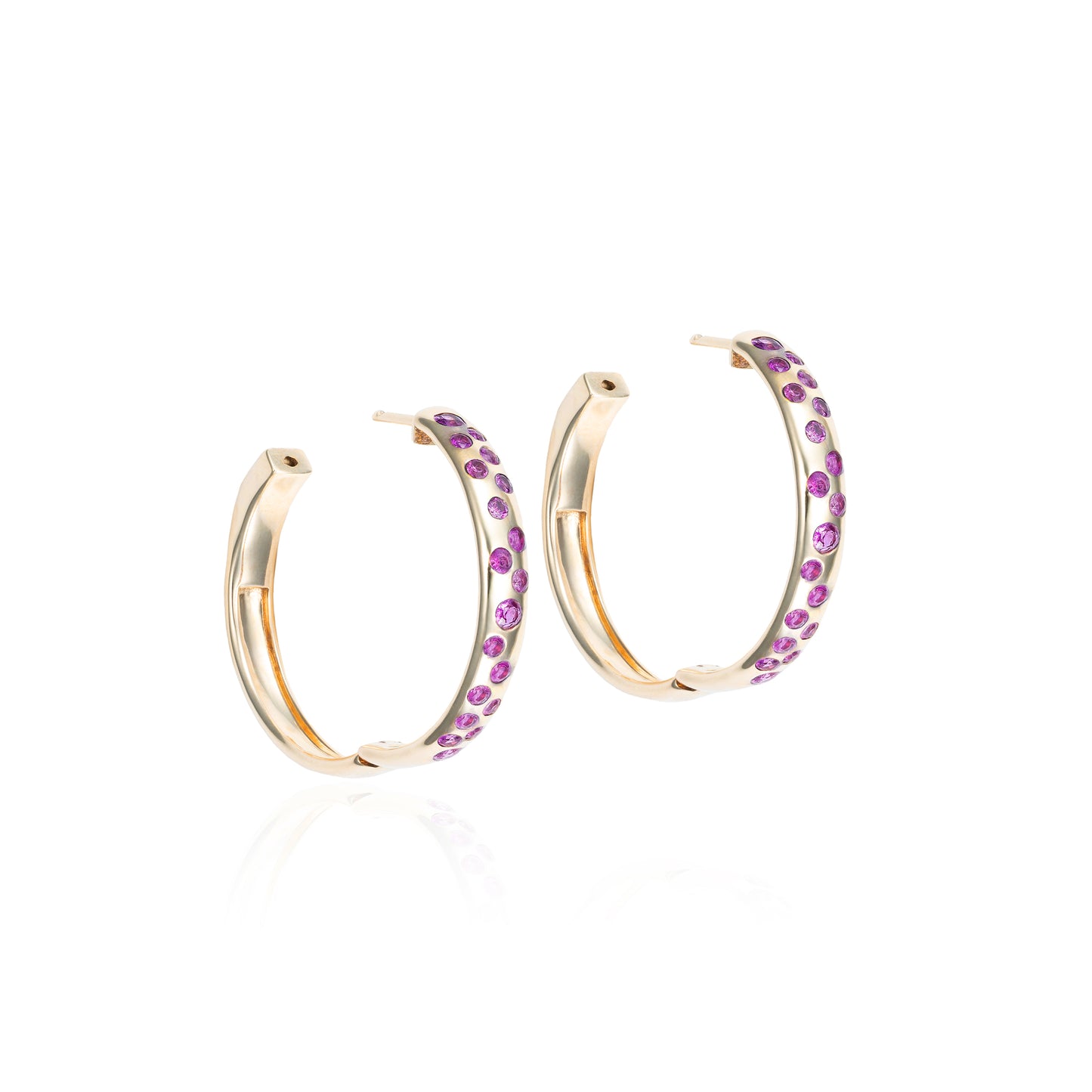 Scattered Pink Sapphire Flush Set Hoops in 14K Yellow Gold