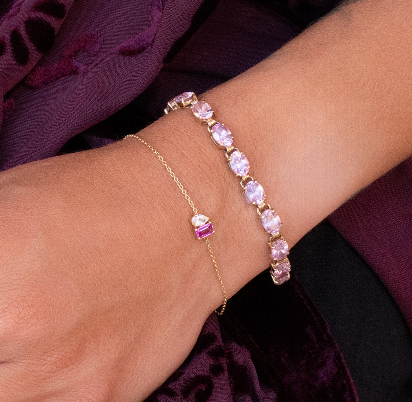 Toi et Moi Diamond & Pink Sapphire Sapphire Bracelet in 14K Yellow Gold