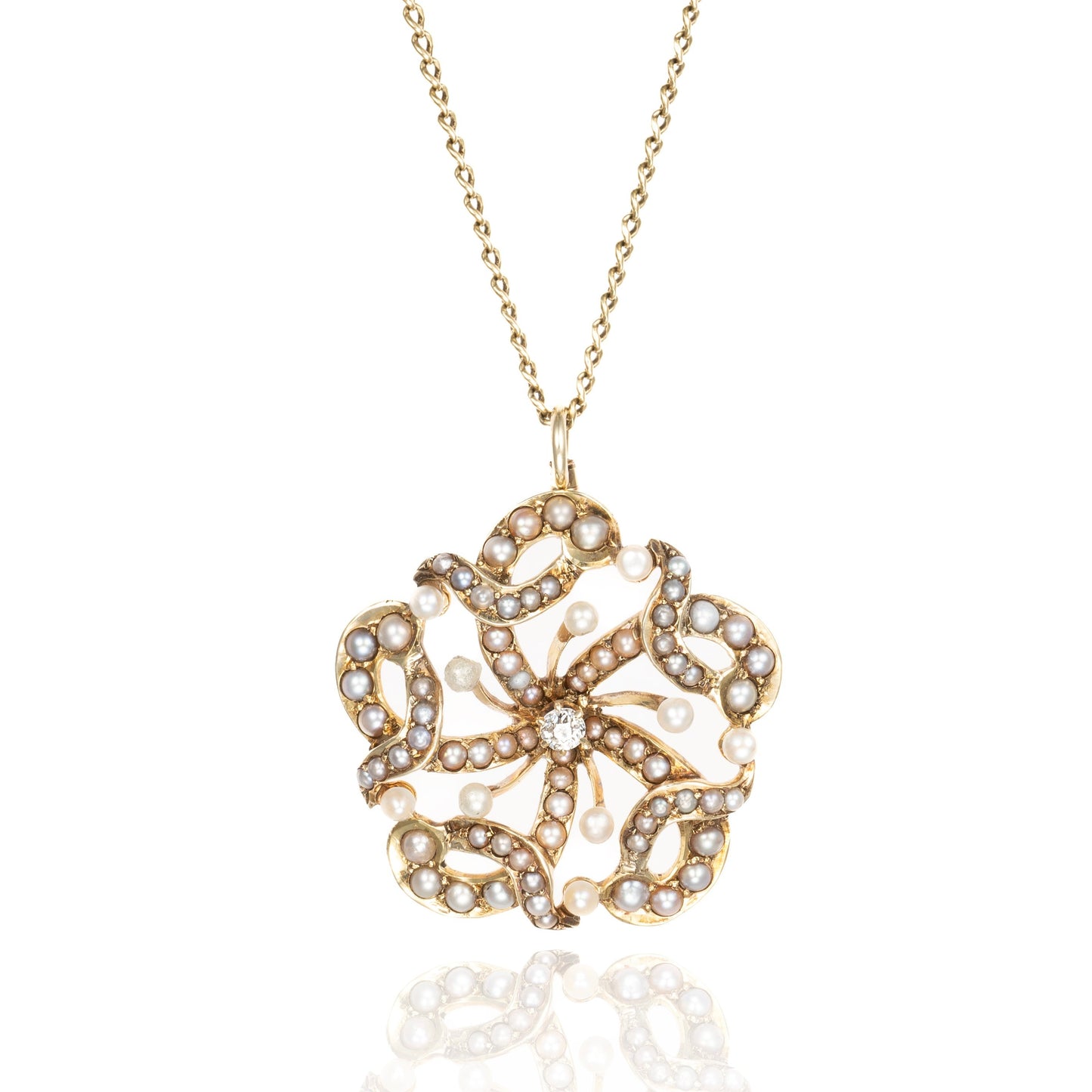 Victorian Pearl & Diamond Floral Pendant in 14K Yellow Gold