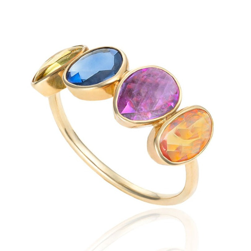 Multi Color Rose Cut Sapphire Ring in 18K Yellow Gold