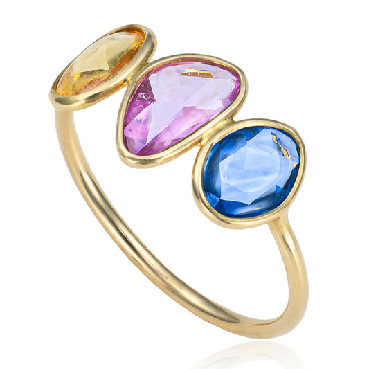 Rose Cut Multi Color Sapphire Ring in 18K Yellow Gold