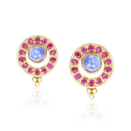 Celestial Moonstone & Ruby Stud Earrings in 14K Yellow Gold
