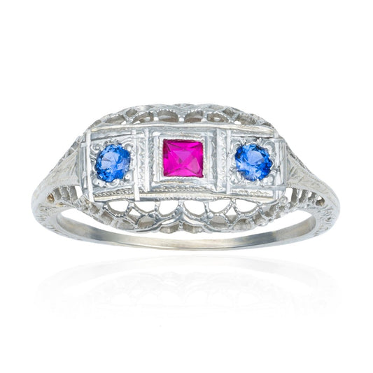 Art Deco Filigree Sapphire & Ruby Ring in 14K White Gold