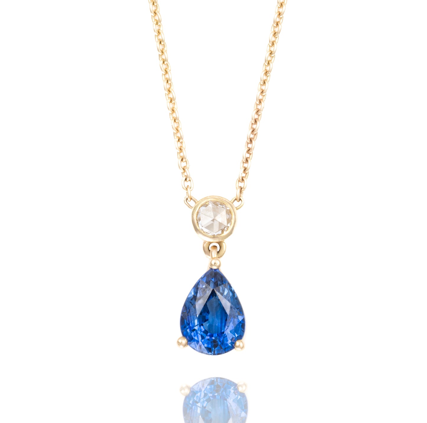 Pear Blue Sapphire and Rose Cut Diamond Pendant Necklace in 18K Yellow Gold