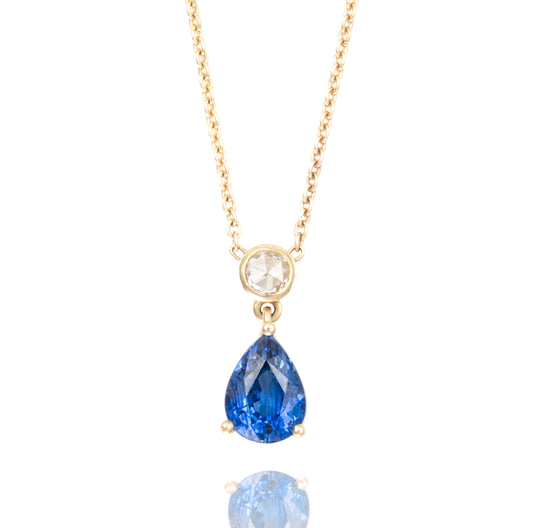 Pear Blue Sapphire and Rose Cut Diamond Pendant Necklace in 18K Yellow Gold