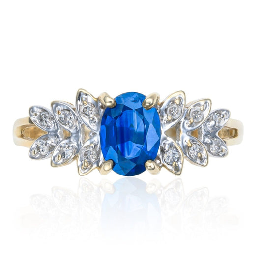 Ceylon Sapphire Diamond Accented Leaf Ring in 14K Gold