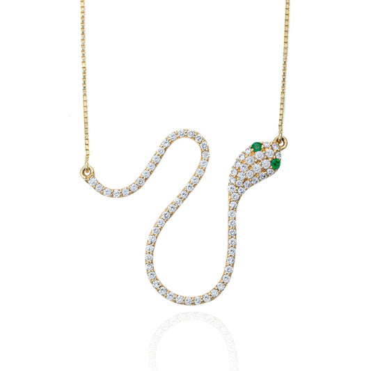 Diamond & Emerald Eye Serpent Necklace in 18K Yellow Gold