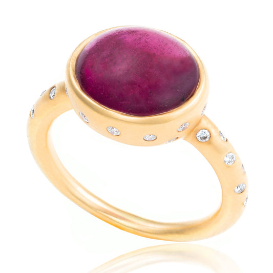 Tourmaline Cabochon with Gypsy Set Scattered Diamond Accented Ring in 18K Yellow Gold