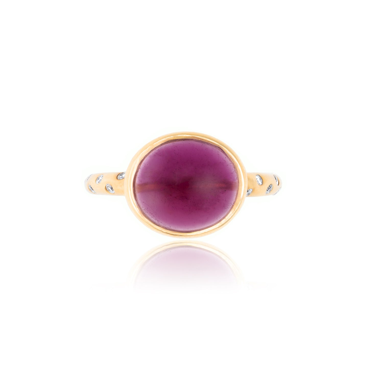 Tourmaline Cabochon with Gypsy Set Scattered Diamond Accented Ring in 18K Yellow Gold