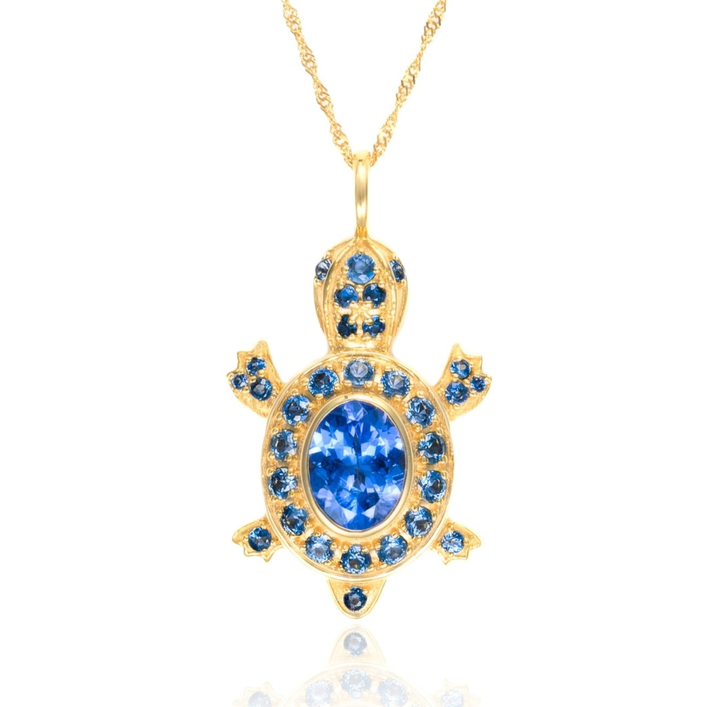 Gemmy Turtle Pendant in Solid 14K Gold with Tanzanite & Sapphire