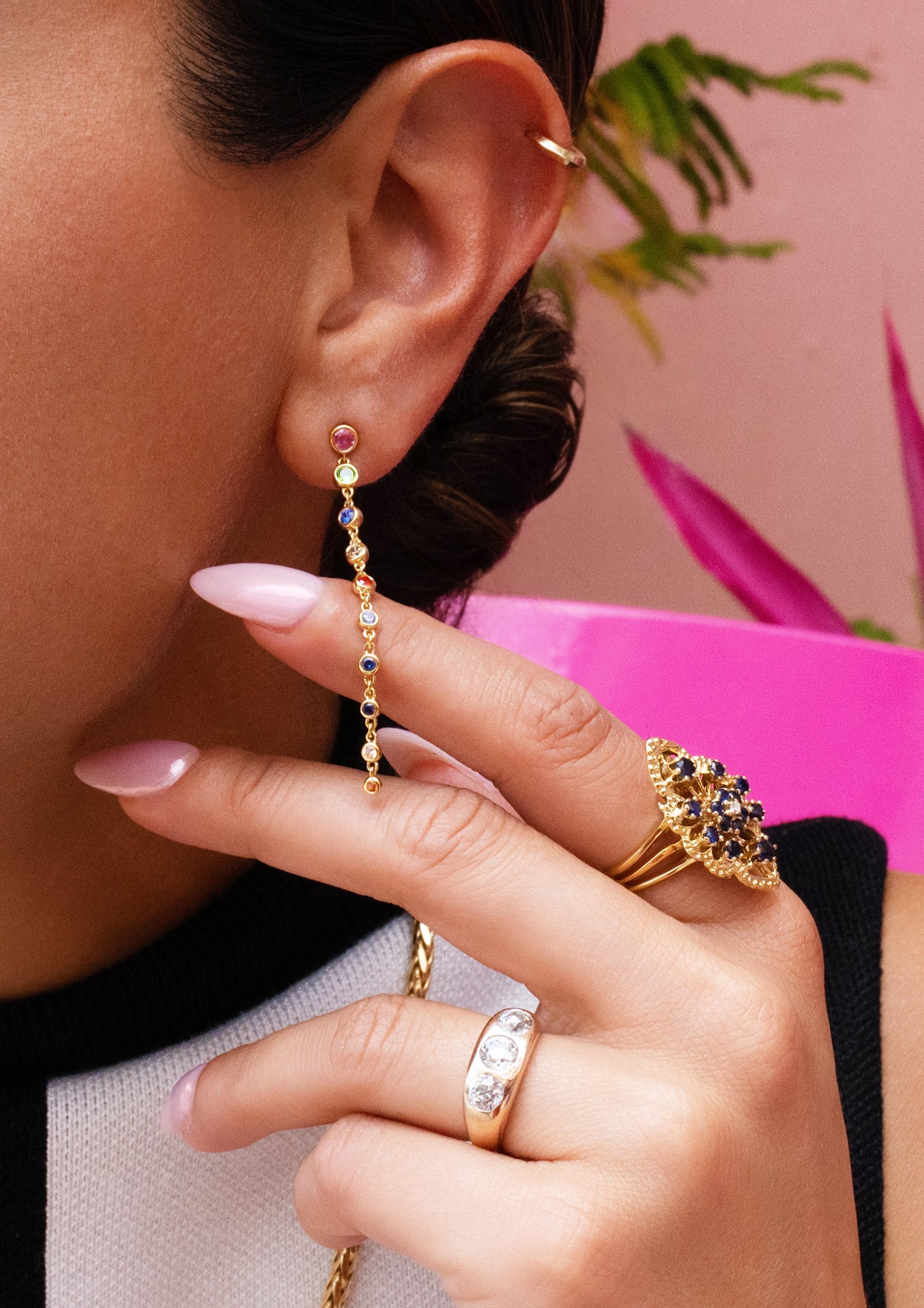 Rainbow Sapphire Bezel Long Drop Earrings in 14K Yellow Gold