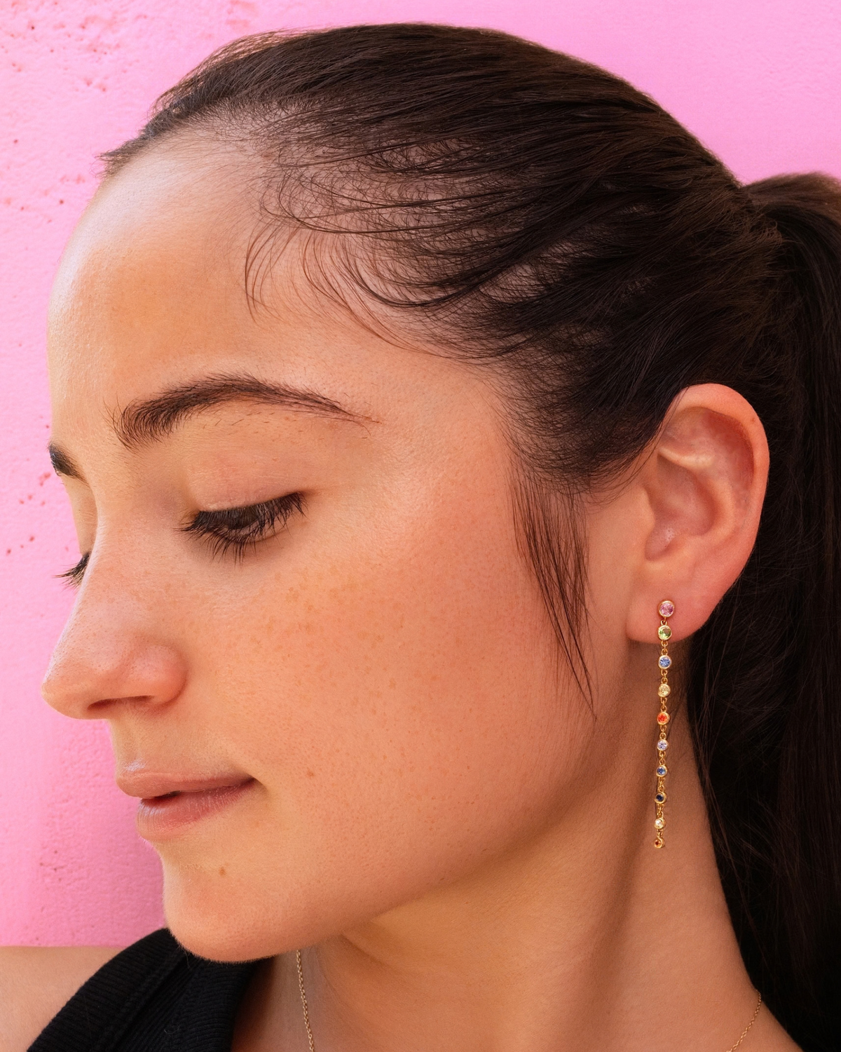 Rainbow Sapphire Bezel Long Drop Earrings in 14K Yellow Gold