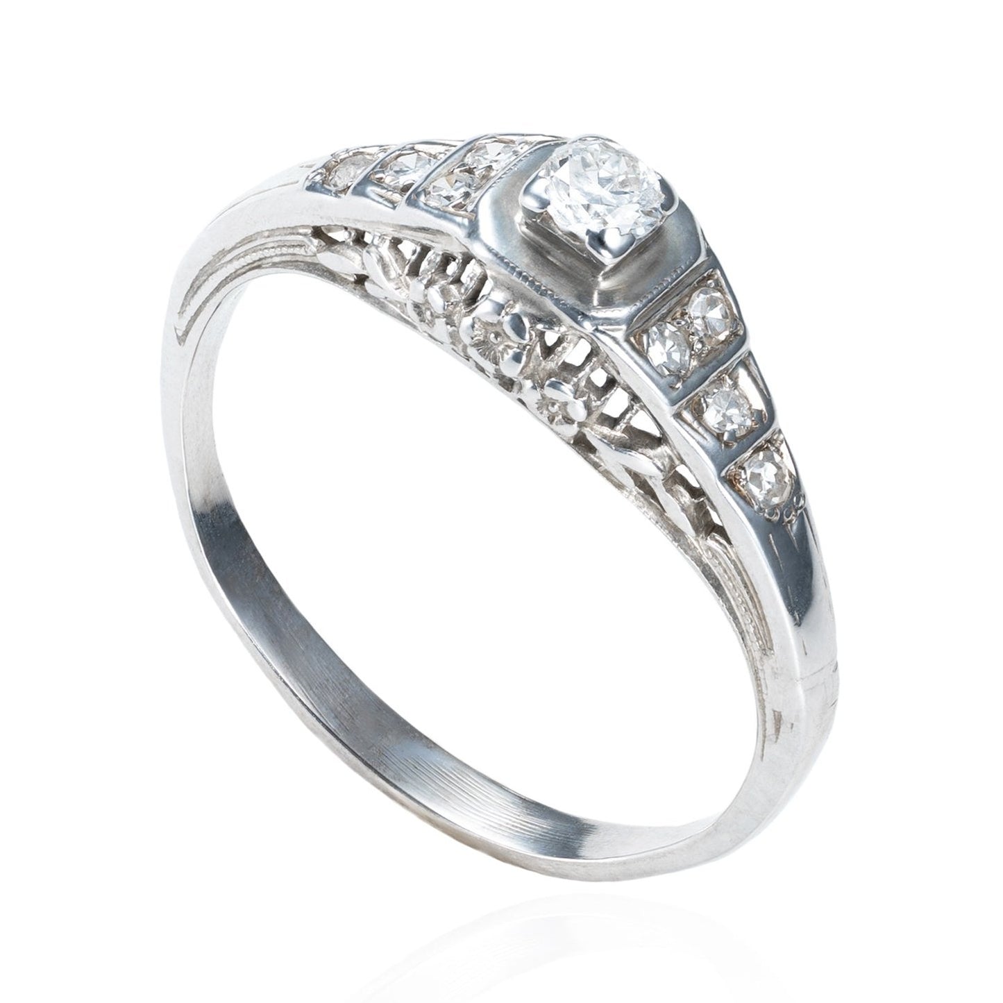 Art Deco Diamond Filigree Ring in 14K White Gold