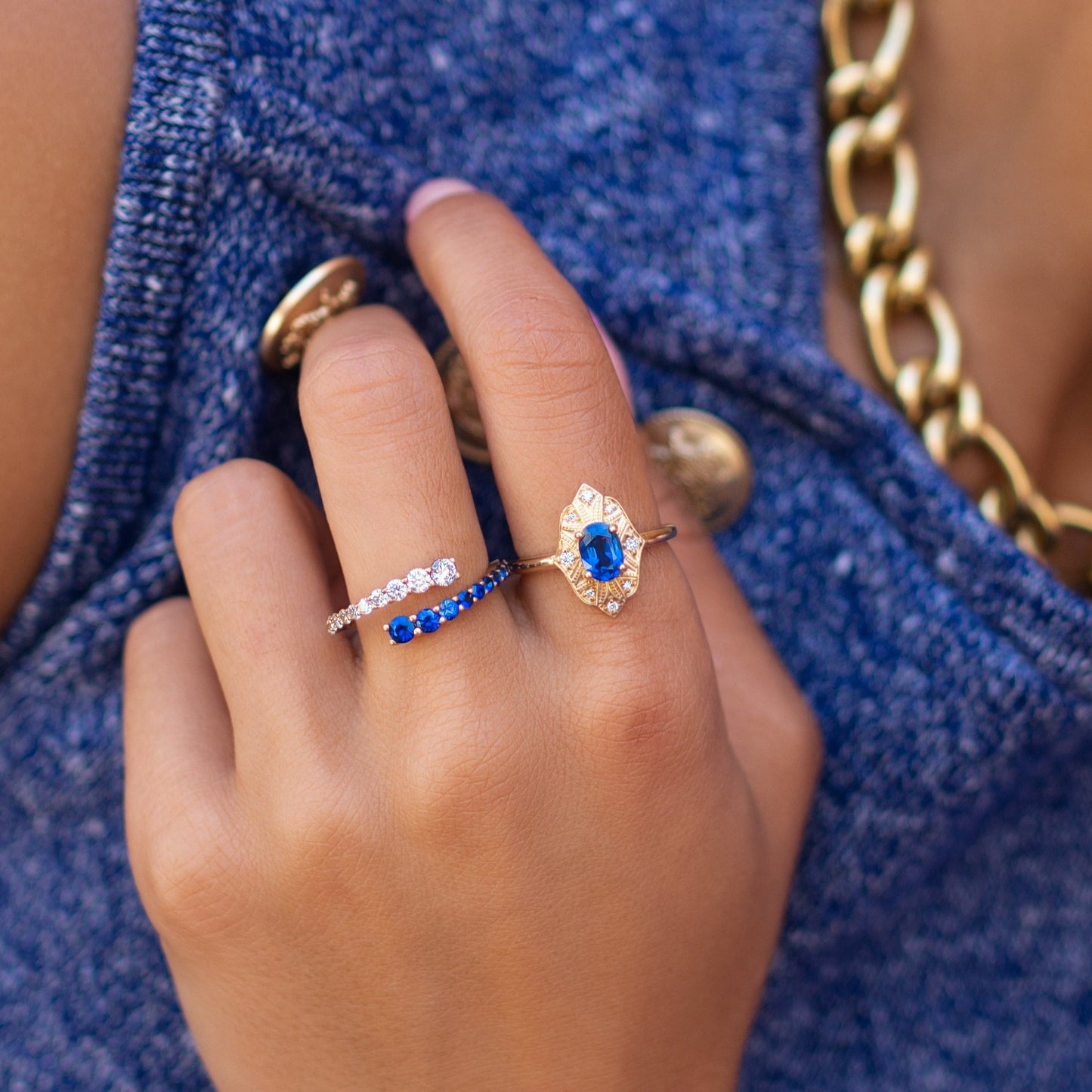 Sapphire & Diamond Ornate Mahal Ring in 14K Yellow Gold