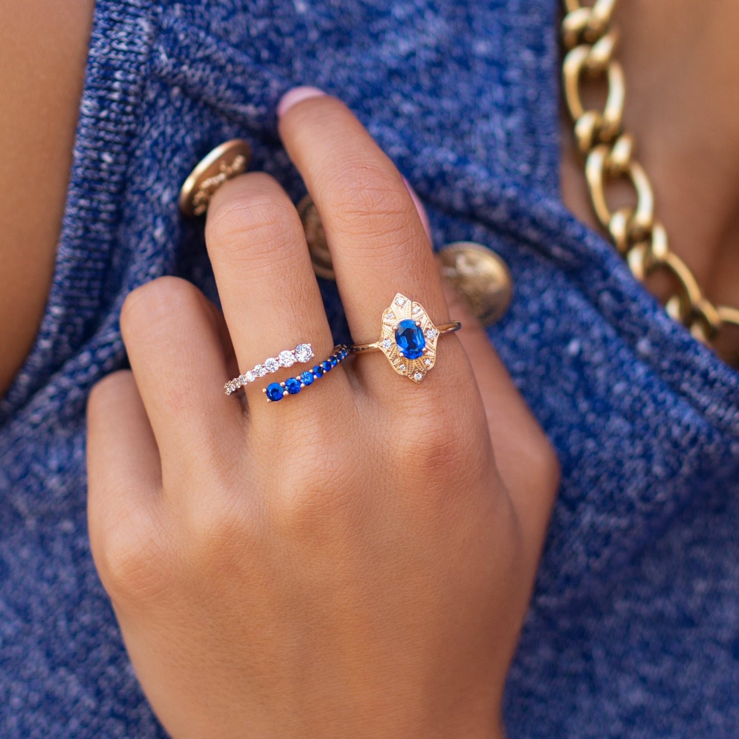 Sapphire & Diamond Bypass Ring in 14K Yellow Gold