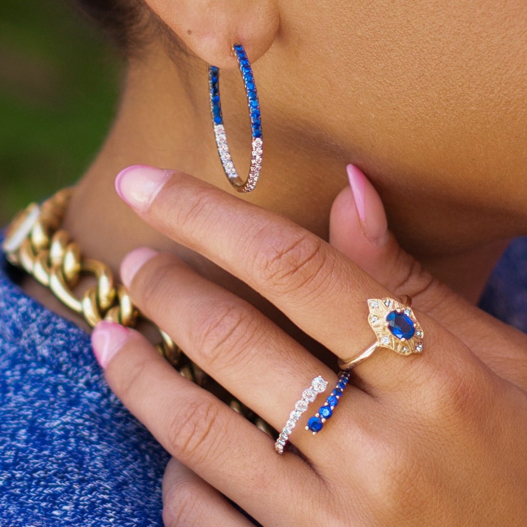 Sapphire & Diamond "Inside Outside" Hoop Earrings in 14K Yellow Gold