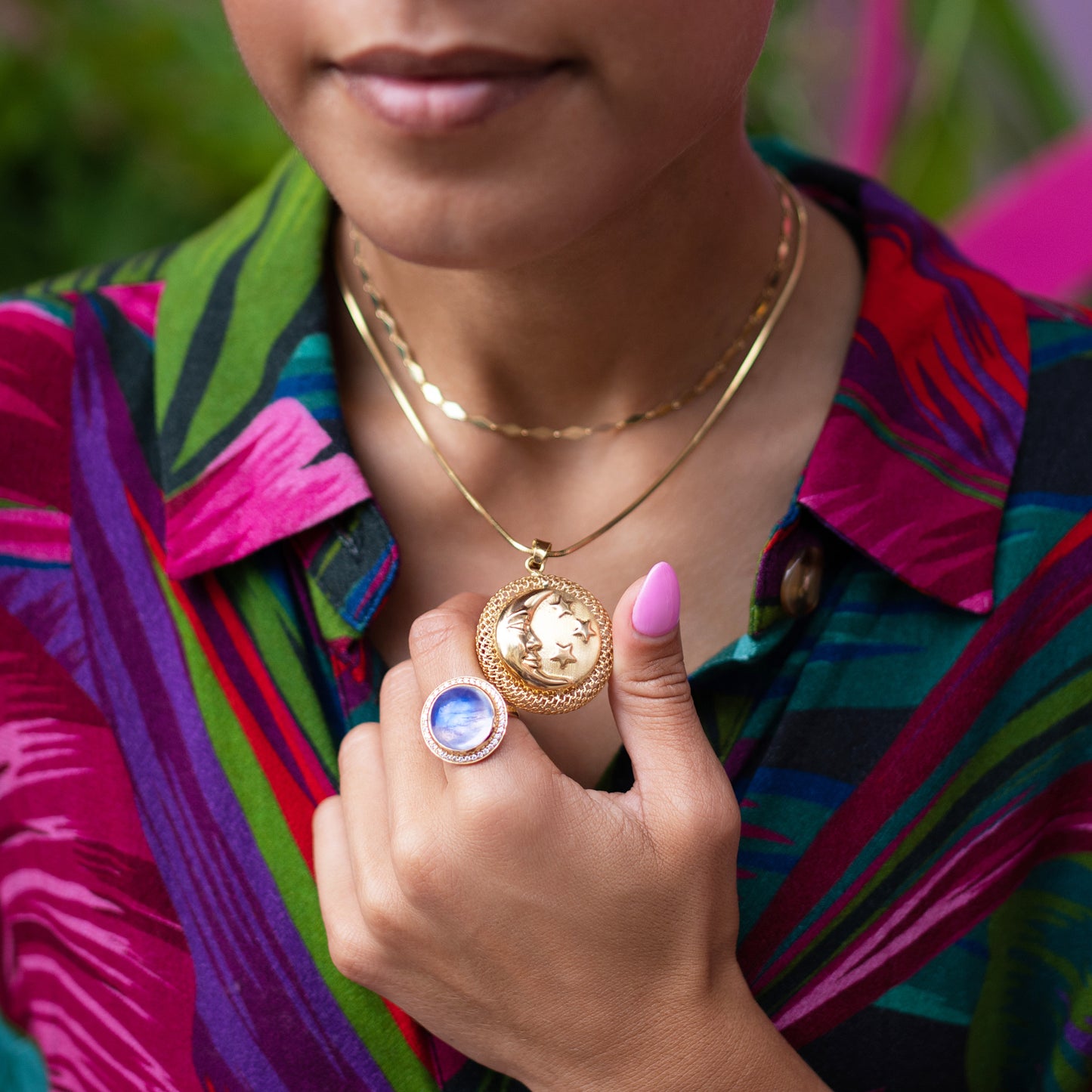 Rainbow Moonstone "Crystal Ball" & Diamond Bezel Statement Ring in 18K Yellow Gold