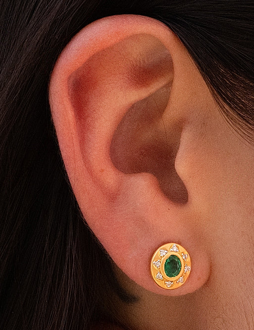 Emerald Diamond Halo Stud Earrings in 18K Yellow Gold