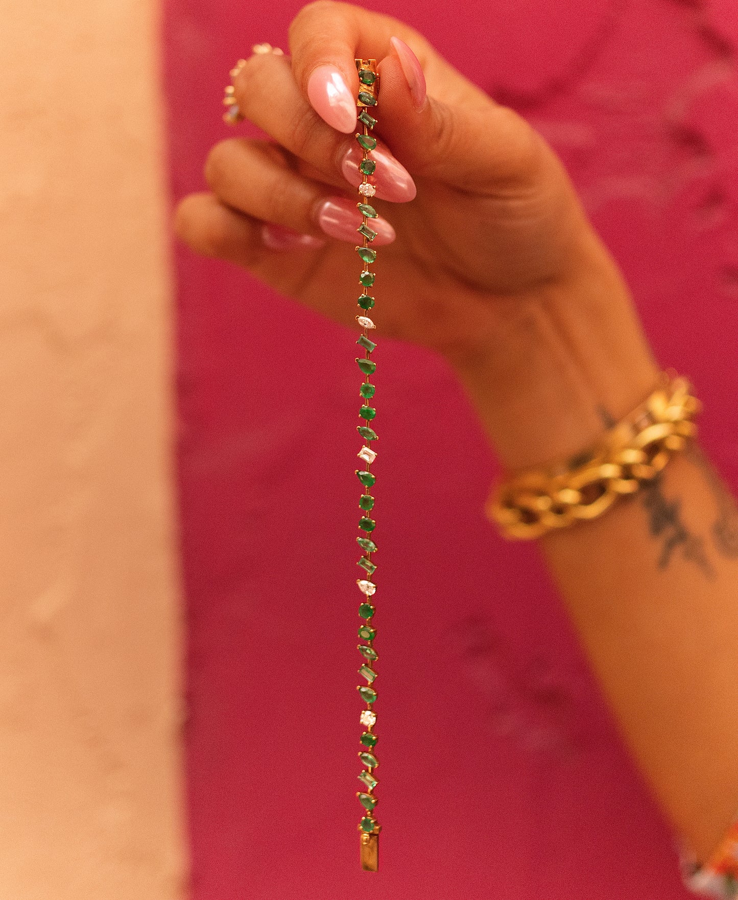 Colombian Emerald & Diamond Multi Shaped Tennis Bracelet in 14K Yellow Gold
