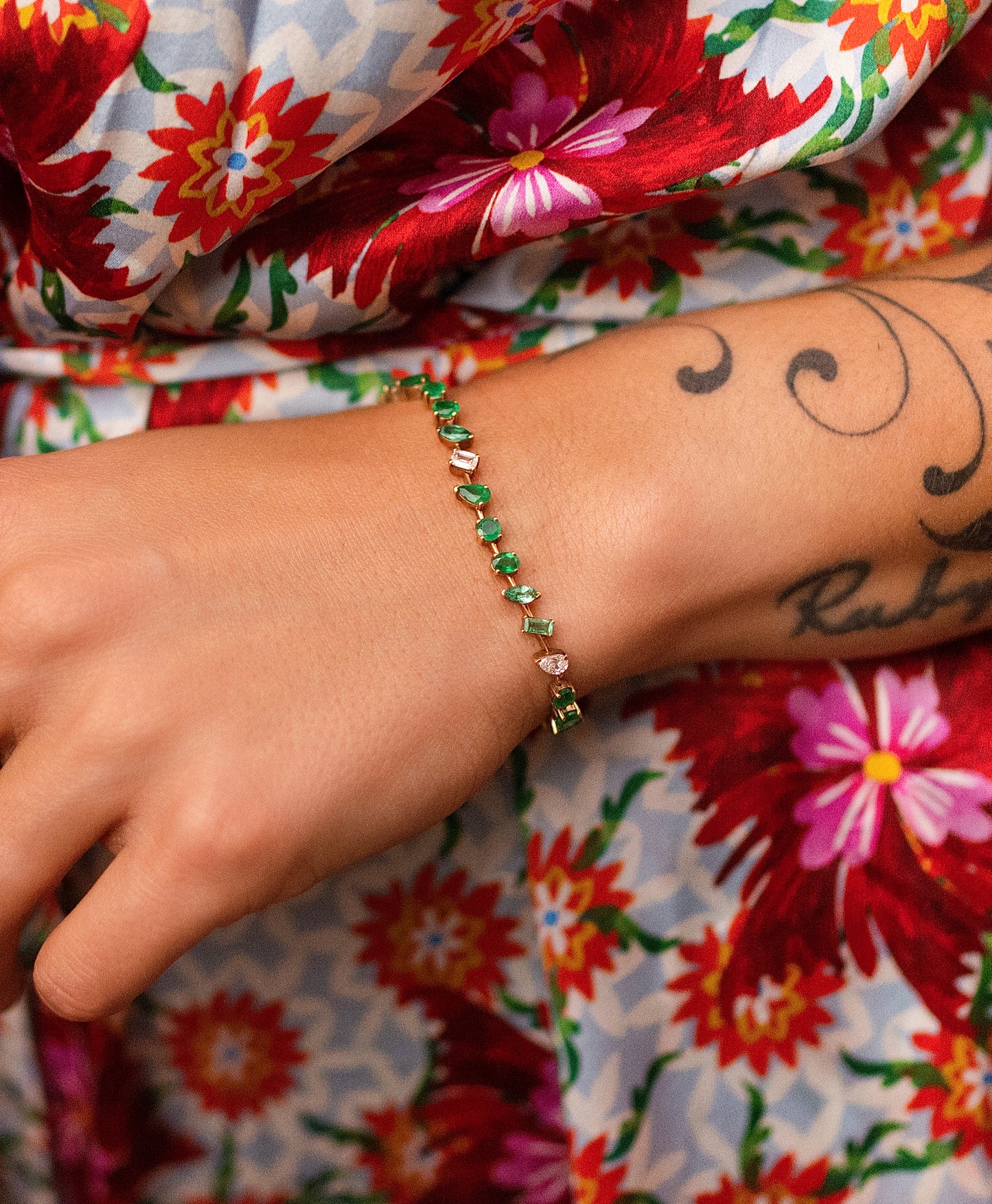 Colombian Emerald & Diamond Multi Shaped Tennis Bracelet in 14K Yellow Gold