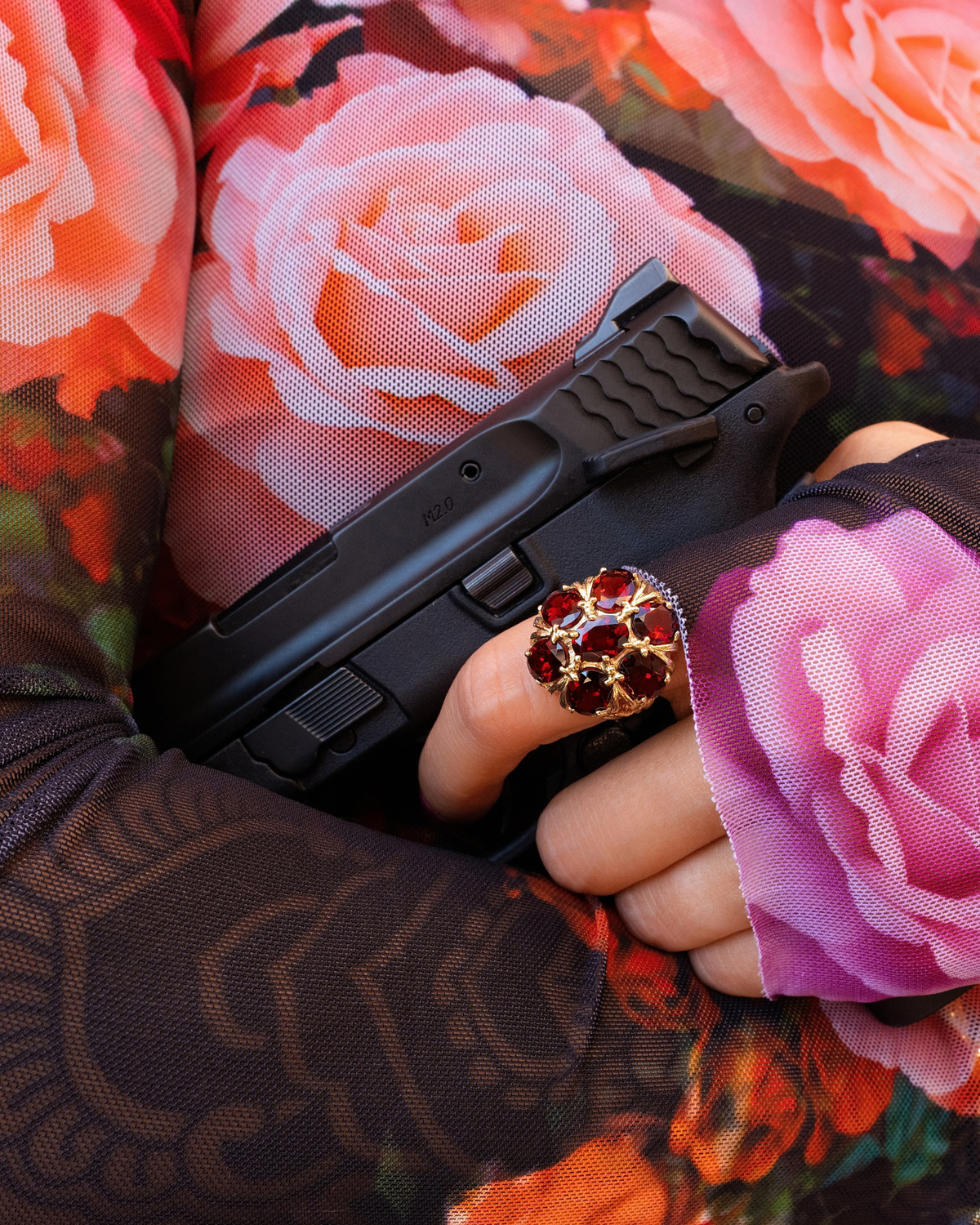 Garnet Floral Cluster Cocktail Ring in 10K Yellow Gold