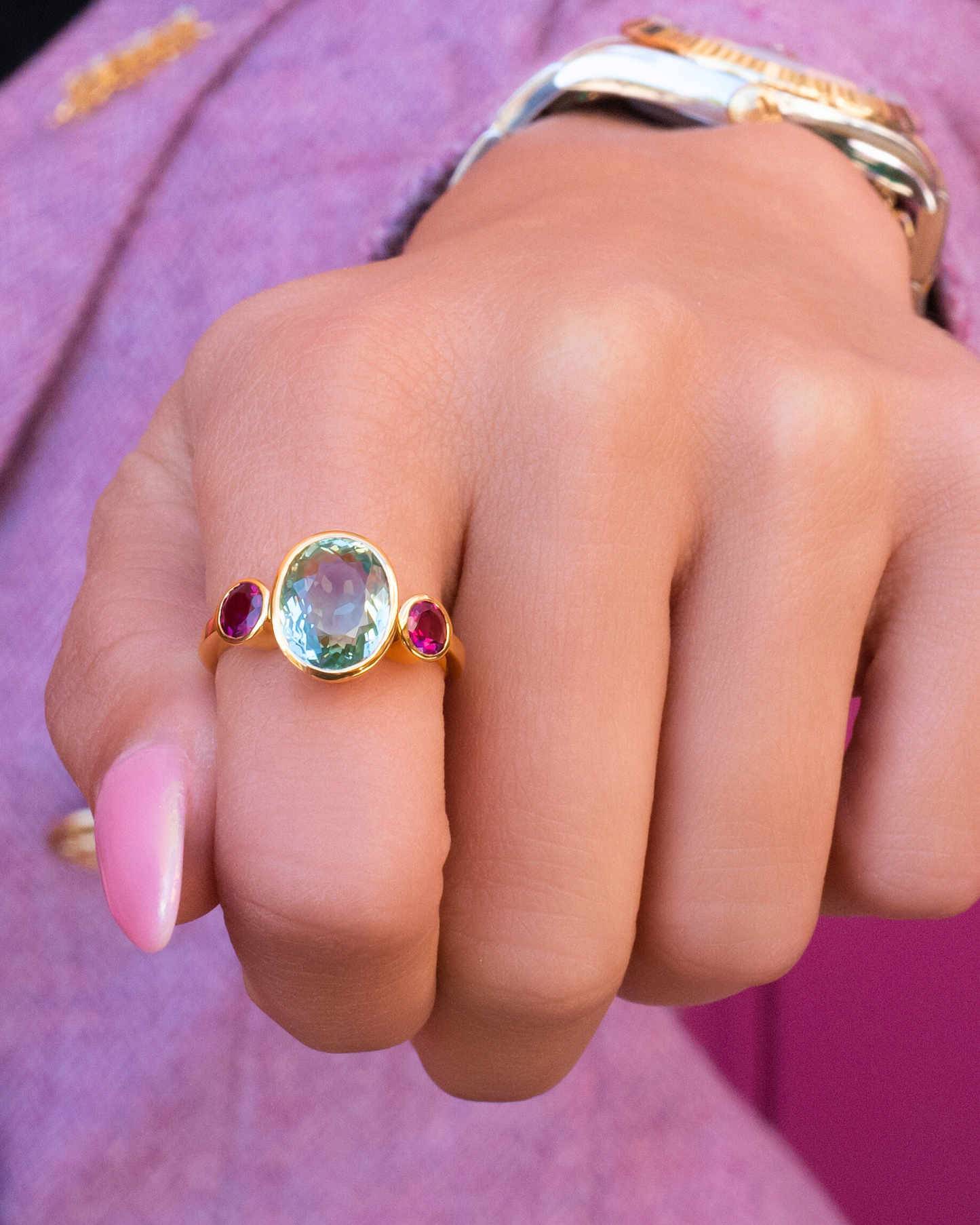 Green & Pink Tourmaline Bezel Ring in 18K Yellow Gold