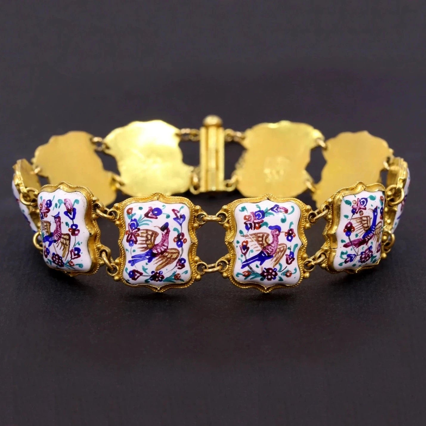 Cloisonne Enamel Middle Eastern Dead Sea Sparrow Bracelet in 18K Yellow Gold