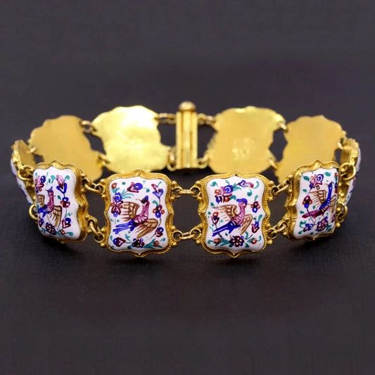 Cloisonne Enamel Middle Eastern Dead Sea Sparrow Bracelet in 18K Yellow Gold