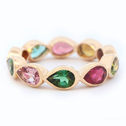 Multi Colored Pear Tourmaline Eternity Band in 18K Yellow Gold