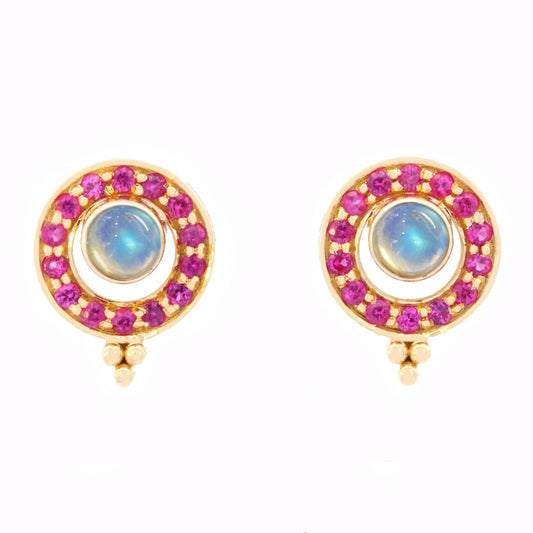 Celestial Moonstone & Ruby Stud Earrings in 14K Yellow Gold