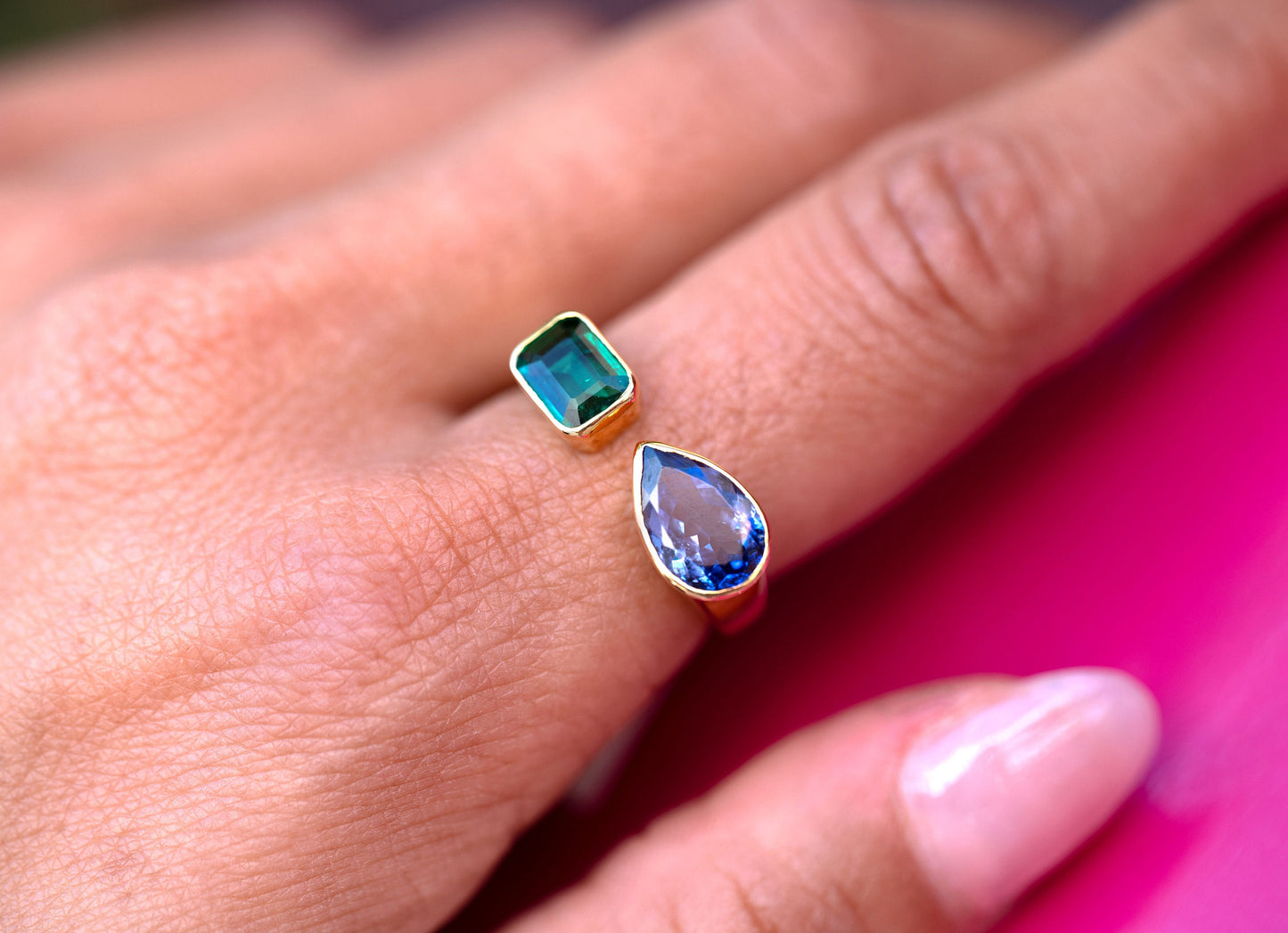 Emerald & Tanzanite Toi et Moi Ring in 14K Yellow Gold