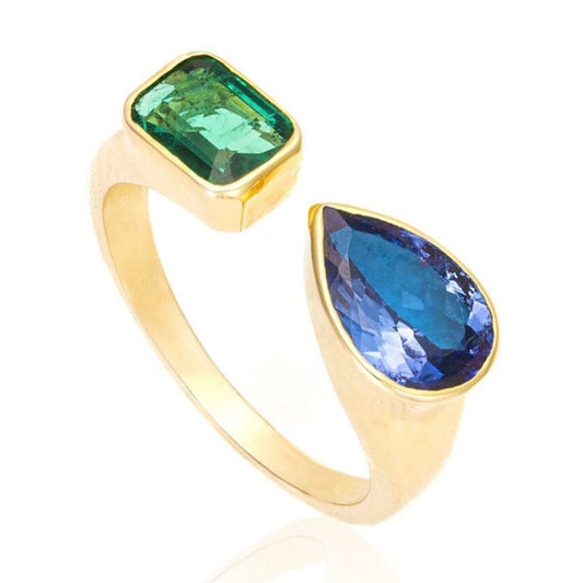 Emerald & Tanzanite Toi et Moi Ring in 14K Yellow Gold