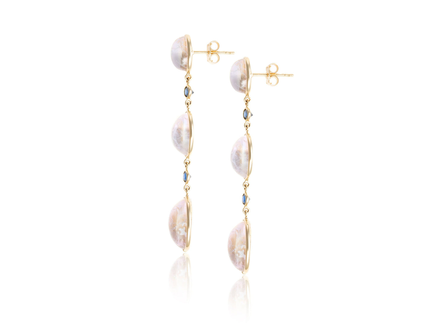 Rainbow Moonstone & Blue Sapphire Drop Earrings in 18K Yellow Gold