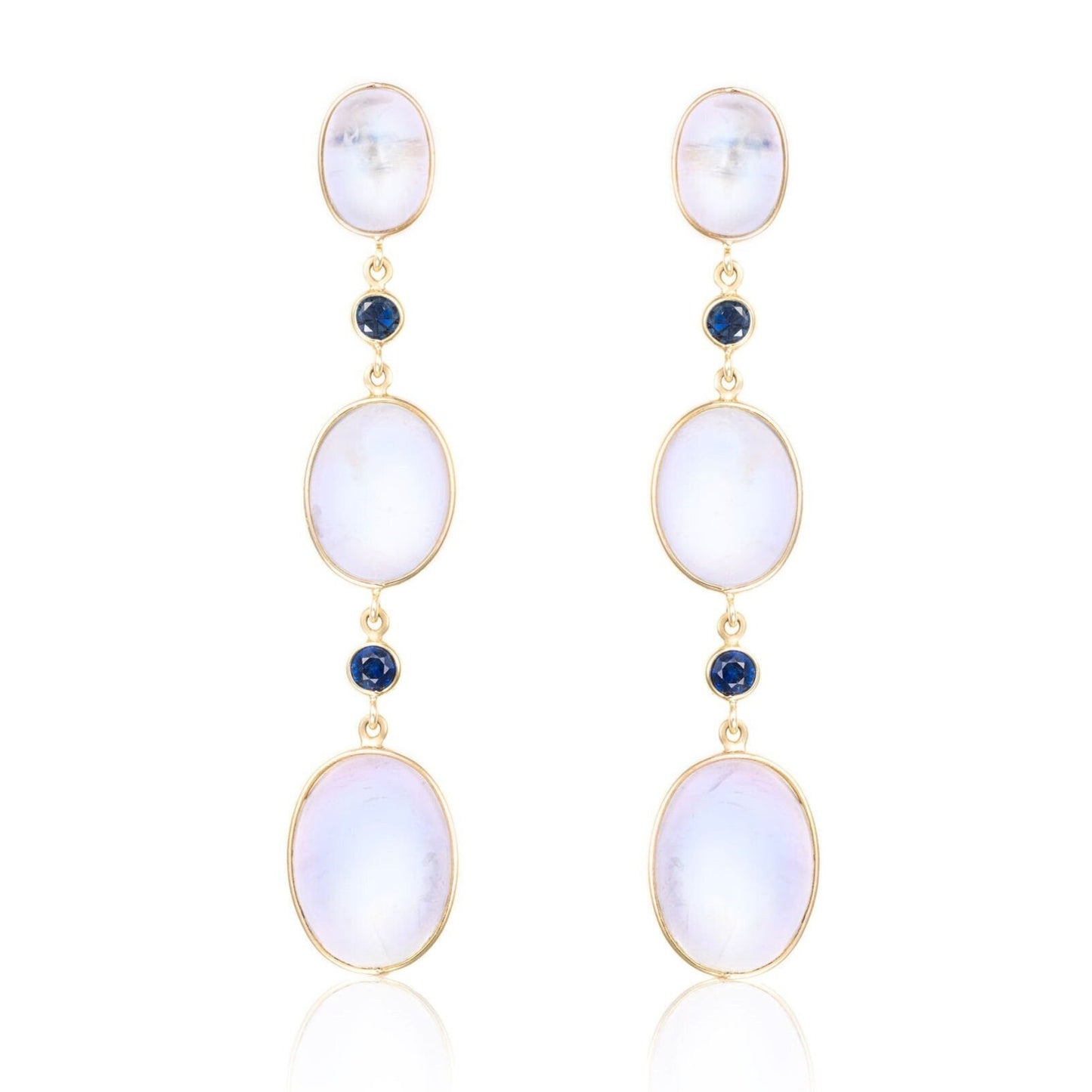 Rainbow Moonstone & Blue Sapphire Drop Earrings in 18K Yellow Gold