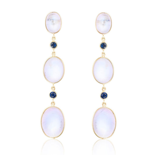 Rainbow Moonstone & Blue Sapphire Drop Earrings in 18K Yellow Gold