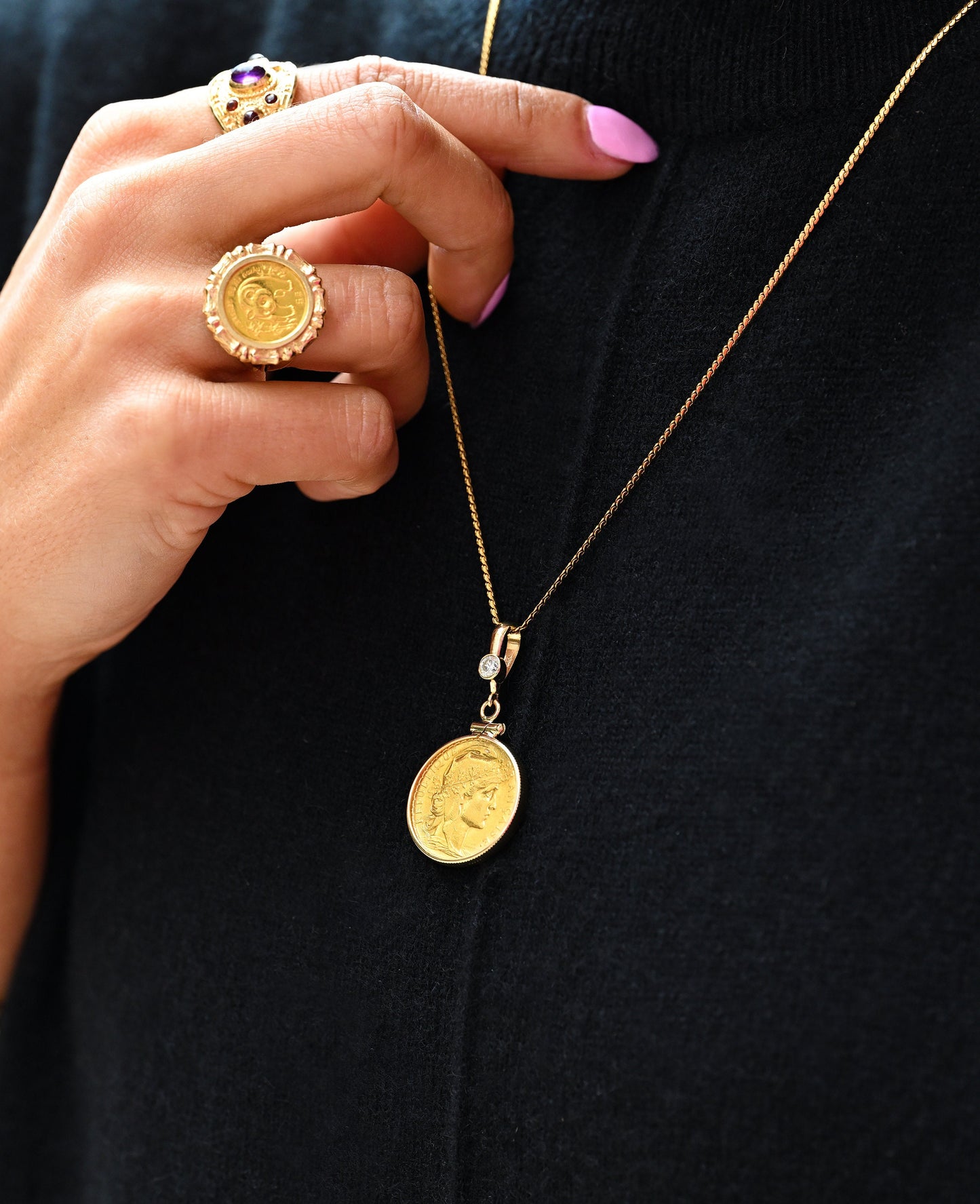 1907 French Gold Coin Diamond Pendant