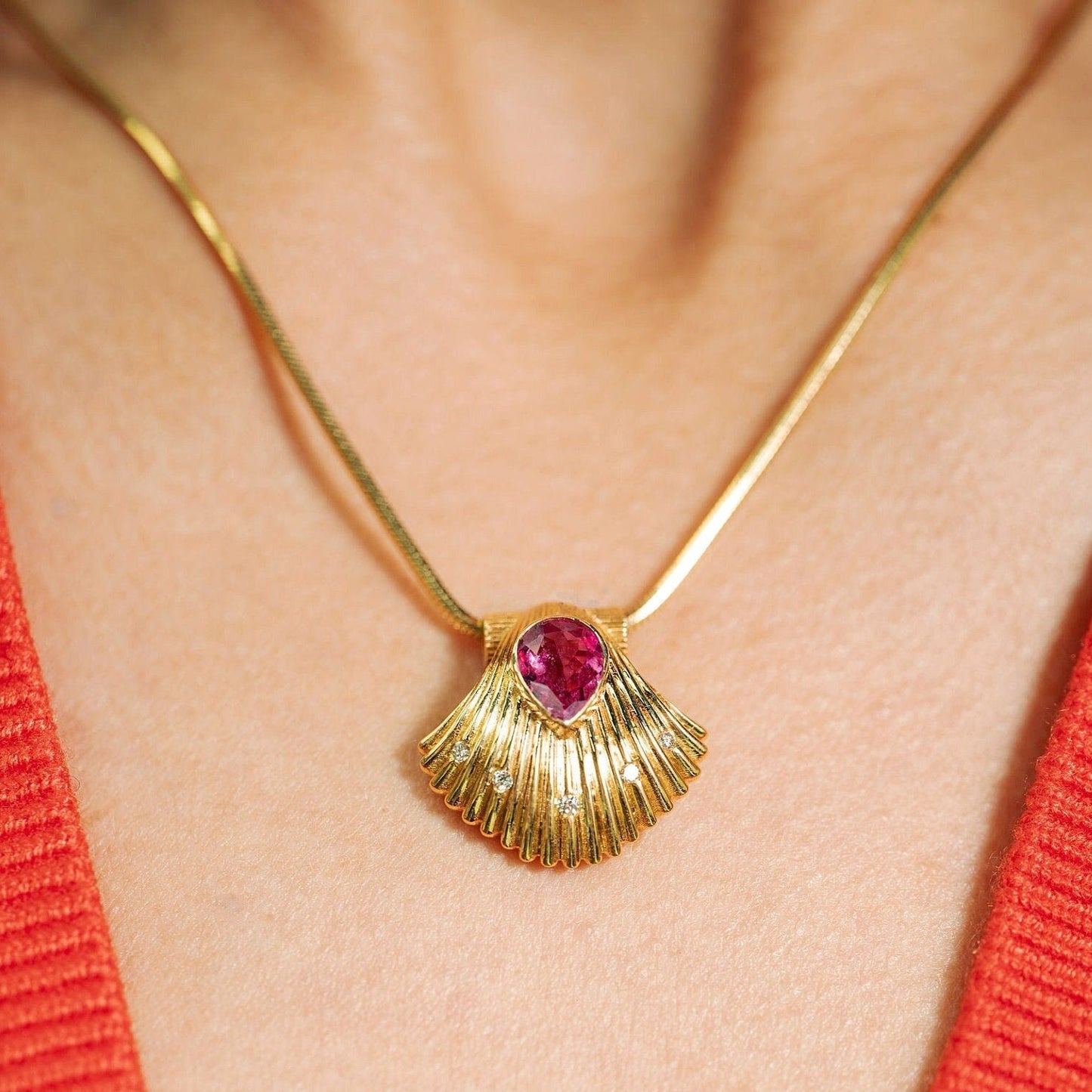 Birth of Venus Pink Tourmaline & Diamond Slide Shell Pendant in 14K Yellow Gold