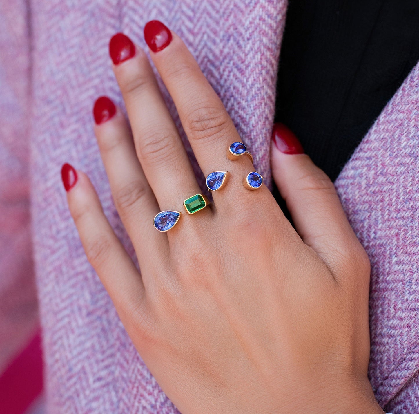 Emerald & Tanzanite Toi et Moi Ring in 14K Yellow Gold