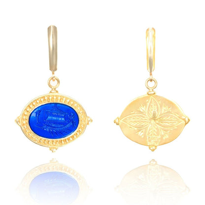 Lapis Pirate Ship Nautical Intaglio Dangle Earrings in 18k Gold