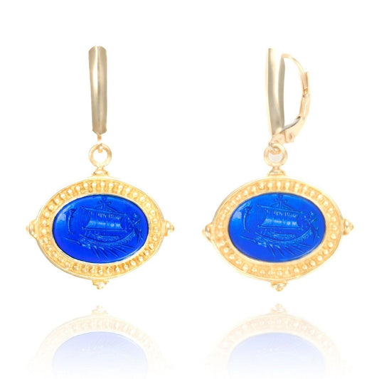 Lapis Pirate Ship Nautical Intaglio Dangle Earrings in 18k Gold